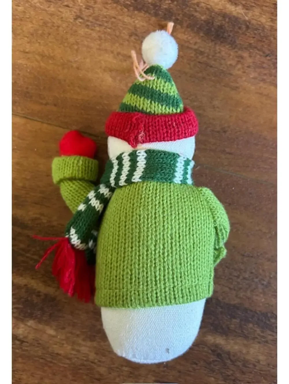 Knitted Snowman Christmas Ornament with Green Sweater and Scarf